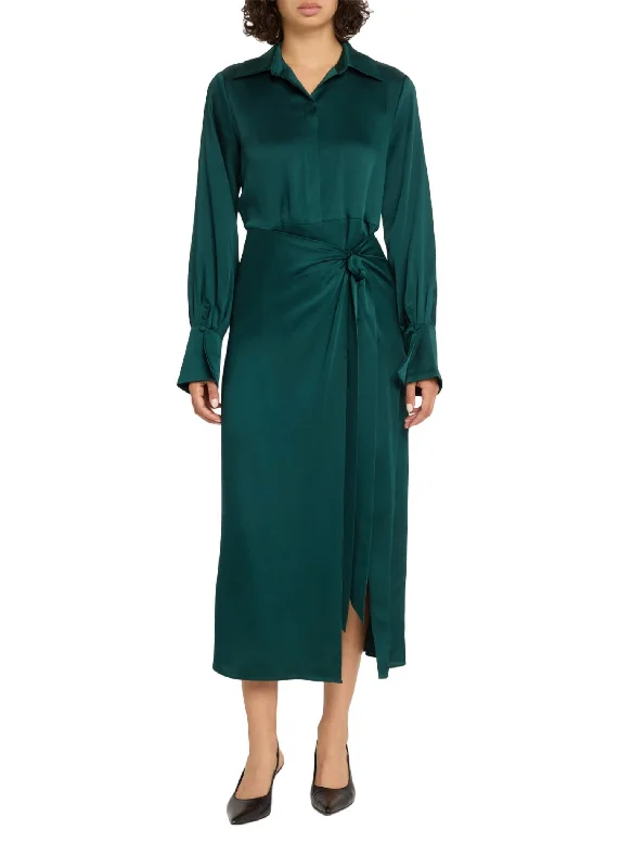 Gift Ideas Samba Long Sleeve Draped Satin Dress In Emerald Romantic Detailing