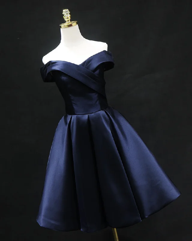 Fashion Forward Femininity Navy Blue Short Graduate Dress for Teens Off Shoulder Satin Cute Homecoming Dress SP0824 Seasonal Trend