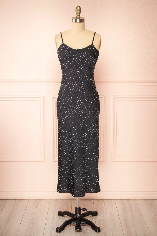 Relaxed Style Rebby Polka Dot Black | Silky Fitted Midi Dress Casual Weekend Relaxed Style