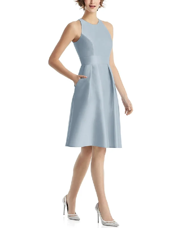 Limited Time Special Offer Alfred Sung High-Neck Satin Cocktail Dress Luxury Style