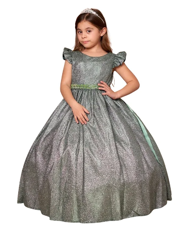 Casual Yet Chic Sales Big Girls Emerald Green Metallic Flutter Sleeve Junior Bridesmaid Dress 8-16 Contemporary Chic