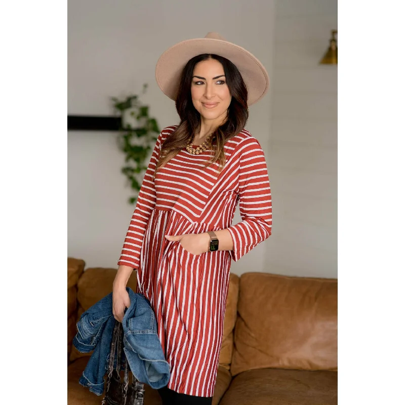 Low Price Special Mixed Striped Long Sleeve Pocket Dress - Rust Contemporary Chic