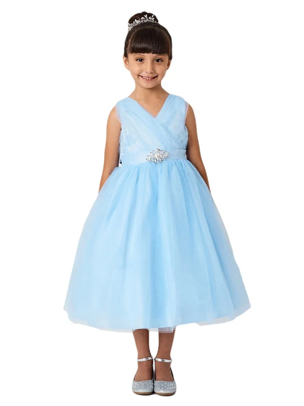 Premium Fashion Girls Multi Color V-Neck Glitter Tulle Brooch Junior Bridesmaid Dress 2-12 Timeless Elegant