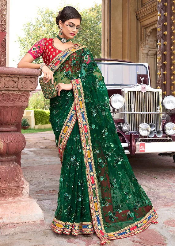 End Of Season Sale Engaging Green Applique Net Designer Bridal Party Wear Saree Timeless Elegant