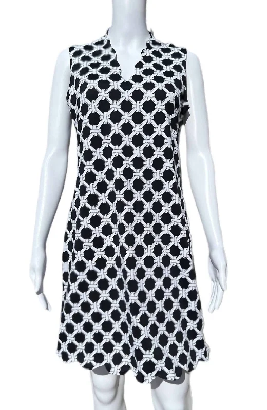 Special Offer For You Sleeveless Scallop Neckline Dress With Upf 50+ In Black & White Knots Statement Piece