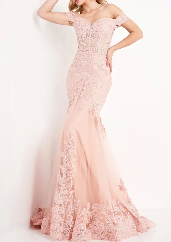 Trendy Looks On Sale Long Fitted Sheer Lace Mermaid Off Shoulder Gown In Blush Charming Silhouette