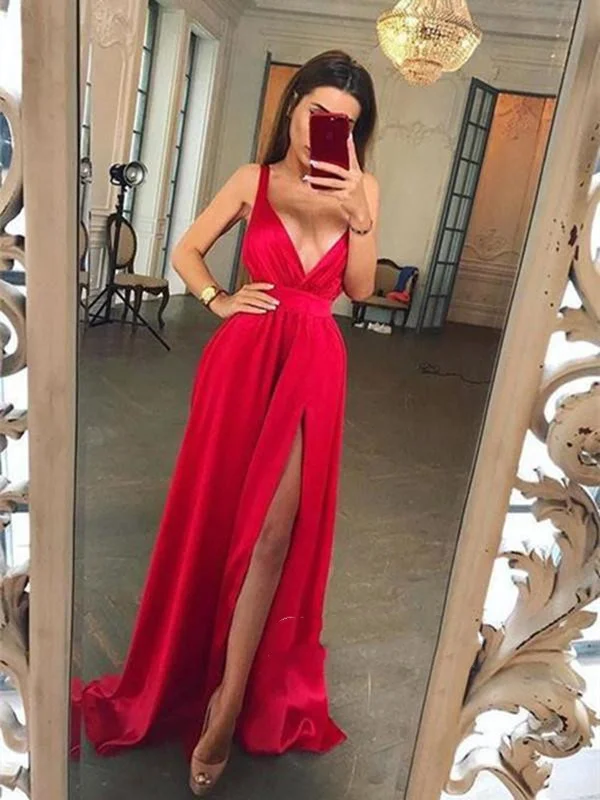 Polished Style Deals A Line V Neck Red Prom Dress With Slit, V Neck Red Formal Dress, Red V Neck Bridesmaid Dress Chic Sophistication