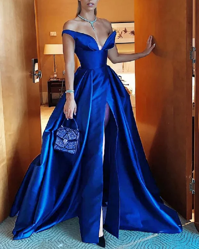 Fashion Frontiers Off Shoulder Slit Roayl Blue Evening Long Dress Elegant Satin A Line Formal Dress,Long Party Prom Gown PL10501 Weekend Special