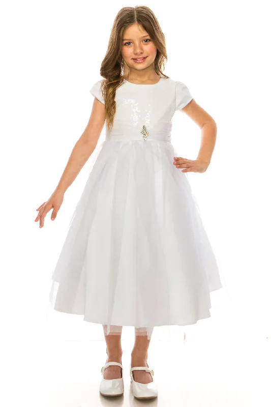 Seasonal Fashion Big Girls White Sparkle Brooch Accent Short Sleeve Junior Bridesmaid Dress 8-14 Tropical Island - Inspired Attire