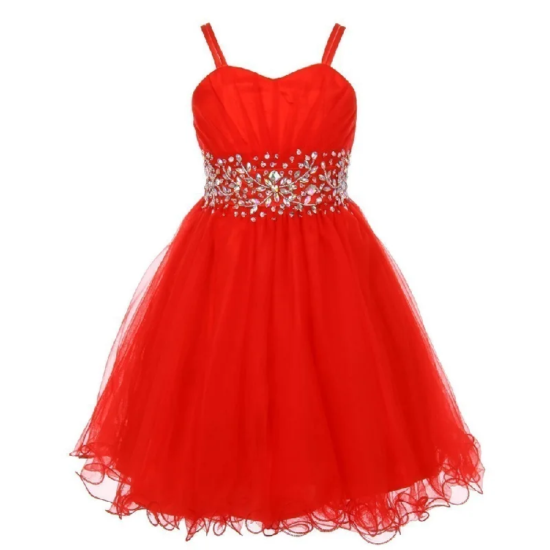 Winter Warehouse Sale Big Girls Red Stone Encrusted Pleated Tulle Junior Bridesmaid Dress 8-16 Sleek Design